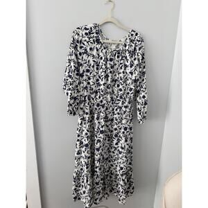 Old Navy Dress Womens L White Blue Floral Boho Long Sleeve Maxi Peasant